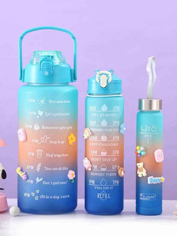 Set of 3 Water Bottle 2000ML, 900ML, 300ML with Motivational Time Marker, Leakproof Durable Sipper Water bottle for office, School, gym (PINK-BLUE)