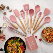 12 pcs set Wooden Handle Silicone Kitchen Utensils With Storage Bucket High Temperature Resistant And Non Stick Pot Spatula Spoon( random color )