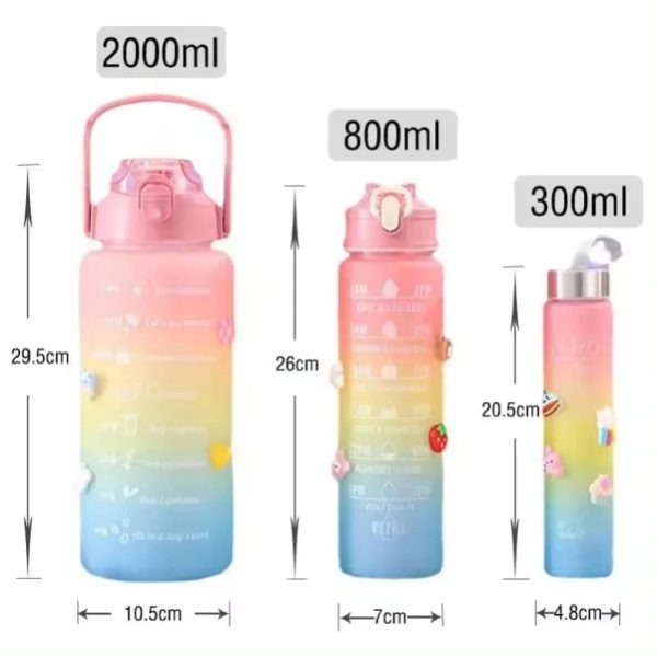 Set of 3 Water Bottle 2000ML, 900ML, 300ML with Motivational Time Marker, Leakproof Durable Sipper Water bottle for office, School, gym (PINK-BLUE)