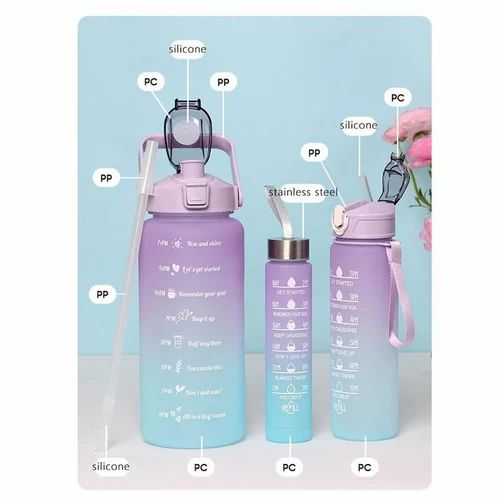 Set of 3 Water Bottle 2000ML, 900ML, 300ML with Motivational Time Marker, Leakproof Durable Sipper Water bottle for office, School, gym (PINK-BLUE)