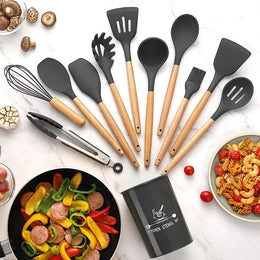 Kitchen utensil collection featuring durable silicone cooking tools with elegant wooden handles for home chefs and everyday cooking at Glinzay Official.