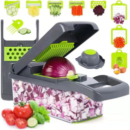 Multi-function food chopper with interchangeable blades for chopping vegetables, fruits, herbs, and preparing ingredients quickly in the kitchen.